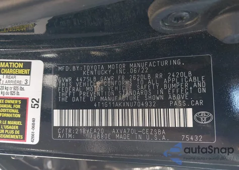 2022 Toyota Camry Se из США, поврежденный, VIN 4T1G11AKXNU704932